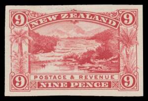 New Zealand: 1899-1903 Pictorials Local Printings with No Watermark Perf 11 9d Pink Terrace imperforate plate proofs in deep lake or four shades of purple on unwatermarked wove paper printed in Wellington, large even margins except for one which is close