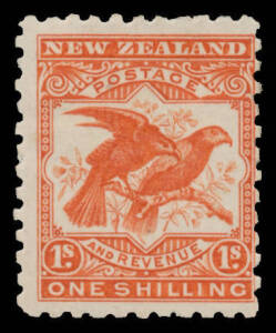 New Zealand: 1899-1903 Pictorials Local Printings with No Watermark Perf 11 1/- orange-red Kea & Kaka as SG 268 but from the scarce aniline printing CP #E18b(7), large-part o.g., Cat $400 VFU; unpriced mint.