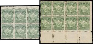 New Zealand: 1900-01 Mount Cook Â½d green marginal blocks comprising Pirie Paper Perf 11 SG 273 (CP #F1aY) block of 8 from the base of the sheet with Official Patches & Double Perfs; SG 273a (#F1a2) block of 14 (7x2) from the base of the sheet; SG 273b (#