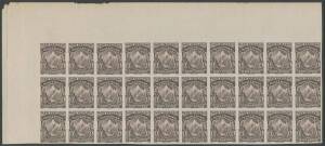 New Zealand: 1900 Pictorials including New Designs with Double-Lined Star Watermark Â½d Mount Cook imperf plate proof block of 30 (10x3) from the upper-left corner of the sheet in brown-purple on ungummed unwatermarked wove paper.