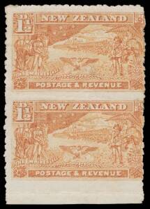 New Zealand: 1900 Pictorials including New Designs with Double-Lined Star Watermark Perf 11 1Â½d chestnut Boer War vertical pair Imperforate Between & at the Base SG 275bb(var) (CP #E4aUvar), characteristic rough perfs, horizontal creases across the upper