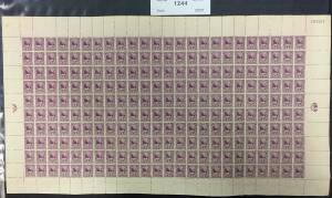 New Zealand: 1900 Pictorials including New Designs with Double-Lined Star Watermark Perf 11 2d purple Pembroke Peak SG 276c (CP #E6a3) complete sheet of 240 (2x10) with Sheet Number '183251' at upper-right, clean-cut perfs & generally well centred, minor 