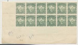 New Zealand: 1901 New Plates Perf 14 Â½d Mount Cook SG 279 (CP #F1b) corner blocks of 12 (4x3) from U/R with Sheet Number, 12 (6x2) from L/L, and 16 (4x4) from U/L, with annotations of Re-Entries on 16 units, most units are unmounted, Cat Â£920++ ($NZ2000