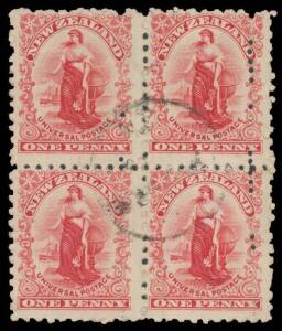 New Zealand: 1901 Penny Universal on Thick Soft "Pirie" Paper Mixed Perfs 1d SG 284 Perf 11x14 block of 4 with the vertical perfs misplaced & Reperforated Perf 11 CP #G2eY, a little aged & with indistinct cancel, Cat Â£440+ ($NZ3000+). A rare multiple.