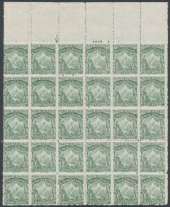 New Zealand: 1901 Mount Cook on Thin Hard "Basted Mills" Paper Perf 14x11 Â½d deep green Perf 11x14 SG 289b (CP #F2d) marginal block of 30 (6x5) from the top of the sheet with complete Hand-Etched Arrow in the margin, characteristic rough perfs, full unmo