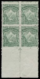 New Zealand: 1901 Mount Cook on Thin Hard "Basted Mills" Paper Perf 14x11 Â½d deep green Perf 11x14 SG 289b (CP #F2d) marginal block of 8 (2x4) from the base of the sheet with complete Hand-Etched Arrow & Plate Number '2' in the margin, characteristic rou