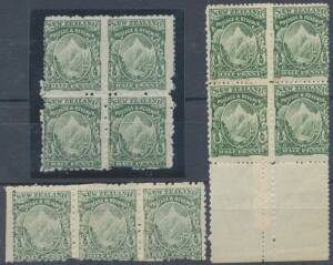 New Zealand: 1901 Mount Cook on Thin Hard "Basted Mills" Paper Mixed Perfs trio all with Perf 14 horizontally comprising 1) block of 4 with vertical Perf 11 between the lower pair; 2) horizontal strip of 3 with official patches between the units & reperfo