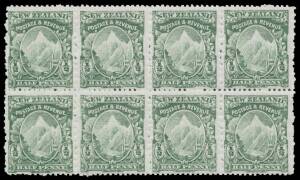 New Zealand: 1902 Mount Cook on Thin Hard "Cowan" Paper Perf 14x11 Â½d green SG 296 (CP #F3c) block of 8 (4x2), unusually well centred, characteristic rough perfs, large-part o.g. with three units unmounted, Cat Â£1040++ as mounted singles ($NZ3300+ as mo