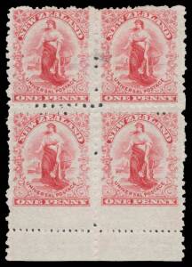 New Zealand: 1902 Penny Universal on Thin Hard "Cowan" Paper with No Watermark Mixed Perfs 1d SG 299 Perf 14x11 marginal block of 4 from the base of the sheet with the horizontal perfs misplaced & Reperforated Perf 11 CP #G4d, the upper pair thinned but t