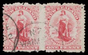 New Zealand: 1902 Penny Universal on Thin Hard "Cowan" Paper with No Watermark Mixed Perfs 1d SG 299 Perf 14x11 horizontal pair with the horizontal perfs misplaced & Reperforated Perf 11 CP #G4d, light 'WAIMATE' cds, Cat Â£320+ ($NZ900+).