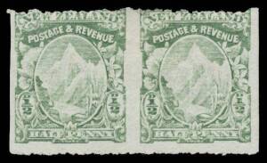 New Zealand: 1902 Mount Cook on Thin Hard "Cowan" Paper with Single-Lined Watermark Perf 14 Â½d green horizontal pair Imperf Vertically SG 302ba (CP #F4bZ), poorly centred, Cat Â£300 ($NZ800); also two singles - one from the right of the sheet - both Impe