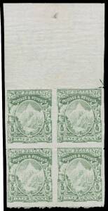 New Zealand: 1902 Mount Cook on Thin Hard "Cowan" Paper with Single-Lined Watermark Perf 14 Â½d green marginal block of 4 from the top of the sheet Imperf Vertically SG 302ba (CP #F4bZ) with part-Hand Etched Arrow in the margin, characteristic rough perfs