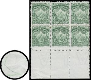 New Zealand: 1902 Mount Cook on Thin Hard "Cowan" Paper with Single-Lined Watermark Mixed Perfs Â½d green SG 306 (CP #F4e) marginal block of 6 (3x2) from the base of the sheet with misplaced horizontal perfs, officially patched between the first & second 