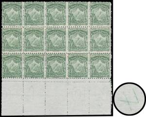 New Zealand: 1902 Mount Cook on Thin Hard "Cowan" Paper with Single-Lined Watermark Mixed Perfs Â½d green SG 306 (CP #F4e) marginal block of 15 (5x3) from the base of the sheet with misplaced horizontal perfs, officially patched between the rows & Reperfo