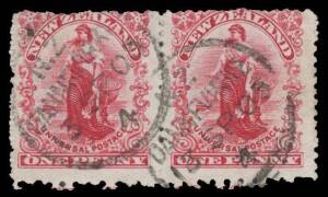 New Zealand: 1902 Penny Universal on Thin Hard "Cowan" Paper with Single Watermark Waterlow & Sons Reserve Plate Mixed Perfs 1d deep carmine SG 307b (CP #G6d) horizontal pair Perf 14x14x11x14, characteristic rough perfs, neat 'DANNEVIRKE/13SP05' cds, Cat 