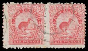 New Zealand: 1902-07 Pictorials with Watermark Perf 11 6d rose-red Kiwi with the Watermark Upright SG 312ab (CP #E14f) horizontal pair, the second unit with minor wrinkles & rounded upper-right corner, indistinct cds cancels, Cat Â£4000+ ($NZ7000+).