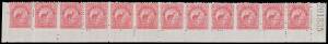 New Zealand: 1902-07 Pictorials with Watermark Perf 11 6d rose-carmine Kiwi as SG 312b complete strip of 12 from the base of the sheet with Papermaker's Watermark 'NEW ZEALAND' and resulting in three units - [1, 5, & 12] - with No Watermark CP #E14e[W], 