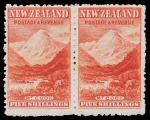 New Zealand: 1902-07 Pictorials with Watermark Perf 11 5/- deep red with the Watermark Upright SG 317a (CP #E21d) horizontal pair, characteristic irregular perfs, large-part o.g., Cat Â£650+ ($NZ1600+).