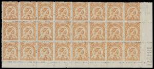 New Zealand: 1902-07 Pictorials with Watermark Perf 14 3d pale yellow-bistre Huias SG 321c (CP #E9d3) lower-right corner block of 24 (8x3) with Sheet Number, characteristic rough perfs, full unmounted o.g., Cat Â£1560++ as mounted singles ($NZ7200+ as un