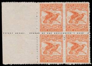 New Zealand: 1902-07 Pictorials with Watermark Perf 14 1/- Kea & Kaka SG 327a (CP #E18e2) marginal block of 4 from the left of the sheet, large-part o.g. with the lower units being very lightly mounted, Cat Â£300+ ($NZ600+). RPSofNZ Certificate (2016) st