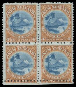 New Zealand: 1902-07 Pictorials with Watermark Mixed Perfs 4d deep blue & chestnut block of 4 Perf 14 with Misplaced Horizontal Perfs Between & at Base both with official patches & Horizontal Perf 11 Added Between & at Base SG 342 (CP #E12e2), large-part