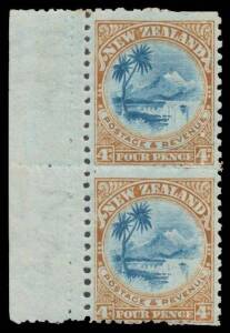 New Zealand: 1902-07 Pictorials with Watermark Mixed Perfs 4d blue & yellow-brown/bluish marginal vertical pair from the left of the sheet Perf 14 with Misplaced Vertical Perfs with official patch at right & Vertical Perf 11 Added at Left & Right SG 342a