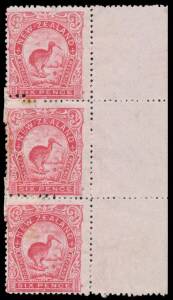 New Zealand: 1902-07 Pictorials with Watermark Mixed Perfs 6d rose-carmine Kiwi marginal vertical strip of 3 from the right of the sheet Perf 14 with official patches between the 1st & 2nd and 2nd & 3rd units where partly Re-Perforated 11 SG 344 (CP #E14