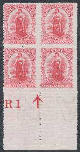 New Zealand: 1906 Penny Universal on Thin Hard "Cowan" Paper with Single Watermark Waterlow Plate Plate Number 'W2' pair from the base of the sheet, Cat $NZ1000 for a block of 4; and Royle Plate Perf 14 SG 356 (CP #G10a) Plate Number 'R1' & Arrow block of