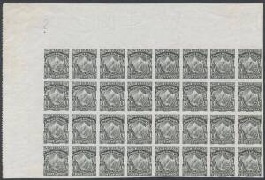 New Zealand: 1907-08 Pictorials Redrawn Plates (Smaller Designs) Â½d Mount Cook imperforate plate proof in black on gummed watermarked paper upper-left corner block of 32 (8x4) with Plate Number '2 / . ' (Dot) and tiny dots between the units, Perf 11 at t