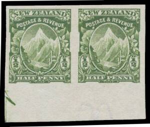 New Zealand: 1907-08 Pictorials Redrawn Plates (Smaller Designs) Perf 14x13,13Â½ Â½d deep yellow-green marginal Imperf Pair SG 374a (CP #F5bZ) from the base of the sheet with part "Arrow" in the margin, lightly mounted, Cat Â£350 ($NZ650). [Gibbons lists 