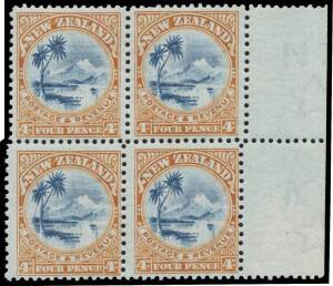 New Zealand: 1907-08 Pictorials Redrawn Plates (Smaller Designs) Perf 14x13,13Â½ 4d blue & yellow-brown/bluish SG 379 marginal block of 4 from the right of the sheet with the rows Perforated by Different Combs CP #E12g, the right-hand pair is very lightly