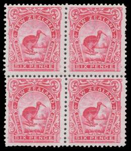 New Zealand: 1907-08 Pictorials Redrawn Plates (Smaller Designs) Perf 14x13,13Â½ 6d pink Kiwi SG 380 (CP #E15b) block of 4, large-part o.g. the lower units apparently unmounted, Cat Â£1700++ ($NZ4800++; mounted). [There is an obvious "step" in the perfora