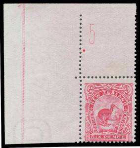 New Zealand: 1907-08 Pictorials Redrawn Plates (Smaller Designs) Perf 14x13,13Â½ 6d rose-pink Kiwi Plate Number '5/ . ' single from the upper-left of the sheet, unmounted, CP $NZ10,000 for a mounted block of 4. Rare. Ex William Frazer: acquired in June 20