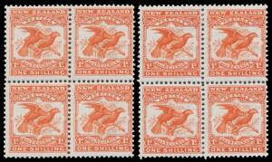 New Zealand: 1907-08 Pictorials Redrawn Plates (Smaller Designs) Perf 14x13,13Â½ 1/- Kea & Kaka SG 381 two blocks of 4 in slightly different shades, one with the two lower units unmounted, Cat Â£1120++ ($NZ4700++) as mounted singles.