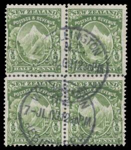 New Zealand: 1907-08 Pictorials Redrawn Plates (Smaller Designs) Perf 14x15 Â½d green Mount Cook block of 4 with slightly Jumped Perfs caused by being perforated with two different perforating heads CP #F5d, Cat $NZ2000 for a used block of 4. RPSofNZ Cert