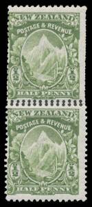 New Zealand: 1907-08 Pictorials Redrawn Plates (Smaller Designs) Perf 14x15 Â½d green Mount Cook vertical pair with slightly Jumped Perfs caused by being perforated with two different perforating heads & the upper unit with Double Perfs on Three Sides CP 