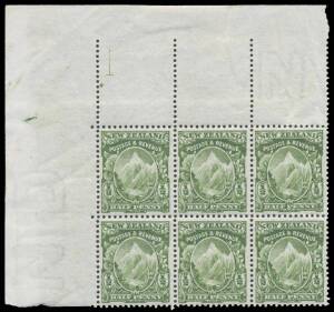 New Zealand: 1907-08 Pictorials Redrawn Plates (Smaller Designs) Perf 14x15 Â½d yellow-green upper-left corner block of 6 with complete Plate Number '1 / .' CP #F5c, well centred, full unmounted o.g., Cat $NZ2000+ (mounted).