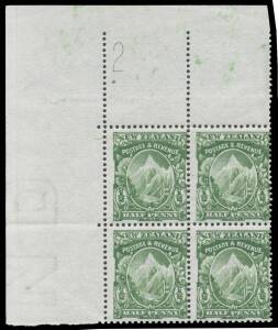 New Zealand: 1907-08 Pictorials Redrawn Plates (Smaller Designs) Perf 14x15 Â½d yellow-green upper-left corner block of 6 with complete Plate Number '2 / .' CP #F5c, full unmounted o.g., Cat $NZ2000+ (mounted).