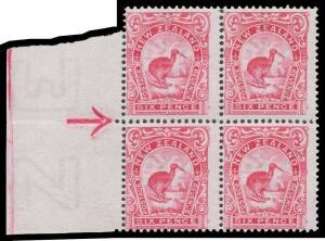 New Zealand: 1907-08 Pictorials Redrawn Plates (Smaller Designs) Perf 14x15 6d Kiwi SG 384 marginal block of 4 from the left of the sheet with the rows Perforated by Different Combs CP #E15d & Perforation Guide Arrow, the upper units are very lightly moun