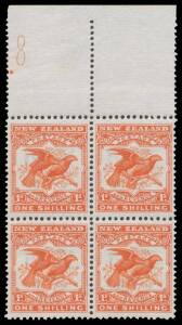 New Zealand: 1907-08 Pictorials Redrawn Plates (Smaller Designs) Perf 14x15 1/- Kea & Kaka SG 385 Plate Number '8' block of 4 without the left-hand margin, lightly mounted, Cat $NZ7000.