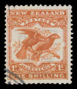 New Zealand: 1907-08 Pictorials Redrawn Plates (Smaller Designs) Perf 14x15 1/- deep orange-brown Kea & Kaka SG 385a (CP #E19b2), well centred, fake cancellation, Cat Â£325 mint & Â£900 used ($NZ$1000 mint & $3750 VFU).