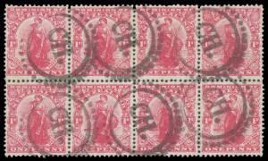 New Zealand: 1909-27 Penny Dominion on De La Rue Unsurfaced Medium Paper 1d rose-carmine SG 407 (CP #J3a) block of 8 (4x2), well centred, six strikes of the undated Circle-of-Dots 'CH.' parcels cancel of Christchurch, Cat Â£1120+ ($NZ3600+) as singles.