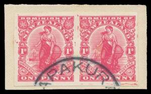 New Zealand: 1909-27 Penny Dominion on Cowan Thick Opaque Chalk-Surfaced Paper 1d deep carmine Imperforate Pair SG 410a (CP #J6aY) tied to small piece by part-'PAPAKURA' cds, Cat Â£180 ($NZ500).