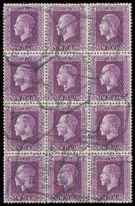 New Zealand: 1915-30 KGV Recess 2d violet block of 12 (3x4) the lower portion comprising Two Perfs Pairs SG 417b (CP #K2c) x3, a few minor blemishes, indistinct octagonal cancels, Cat Â£780++ ($NZ1800++). A rare & remarkable block.