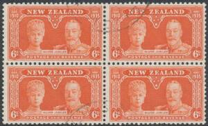 New Zealand: 1935 Silver Jubilee 6d orange SG 575 block of 4, well centred, lightly cancelled, Cat Â£128++. Scarce multiple.