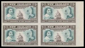 New Zealand: 1940 Centennial 2d Abel Tasman marginal imperforate block of 4 from the right of the sheet, margins large to huge, some scuffing of the gum. Ex "Whiskers".