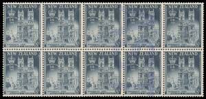 New Zealand: 1953 Coronation 8d Westminster Abbey SG 717 block of 10 (5x2) with Major Double Paper (Reel Join), printer's marks in violet on the face, unmounted. Unlisted, and believed to be the only recorded examples. [The doubling commences at the righ