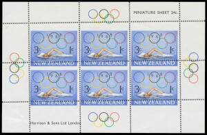 New Zealand: 1968 Health (Olympic Games) 3c+1c Swimming Miniature Sheet SG 888 with Major Perforation Shift resulting in 'NEW ZEALAND' Omitted from the Upper Units & at Top of the Lower Units, hinged in the margins only otherwise unmounted. [Campbell Pate