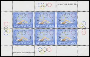 New Zealand: 1968 Health (Olympic Games) 3c+1c Swimming Miniature Sheet SG 888 with Green Printing (the Fourth Olympic Ring on each stamp & four times in the marginal inscriptions) Omitted, unmounted. Believed to be the only recorded example. With Campbe