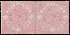 New Zealand: BEER DUTY STAMPS: QV issues comprising 1890 1/3d rose #R29D mint horizontal pair & 2/6d blue-green #R30D with 'SPEIGHT & CO' handstamp; 1900 4/6d red #R32G (repaired tear) with '...GIGIN' d/s in violet & another in a pale shade (repaired corn